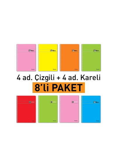 A4 Okul Defteri Spiralli 144 Sayfa Dayanıklı Pp Kapak 8'li Paket Çok Renkli