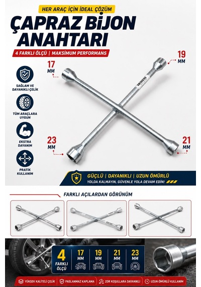 Moonshop Çapraz Bijon Anahtarı 17-19-21-23 Mm Ağır Hizmet Tipi Lastik Sökme Takma Anahtarı