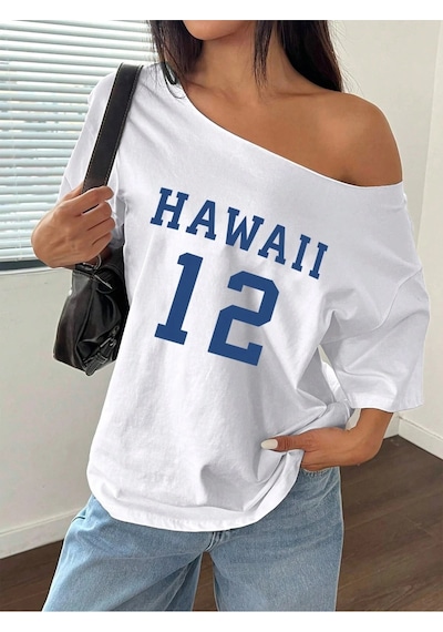Startmore Startmore Kayık Yaka Hawaii Baskılı Oversize %100 Pamuk Beyaz