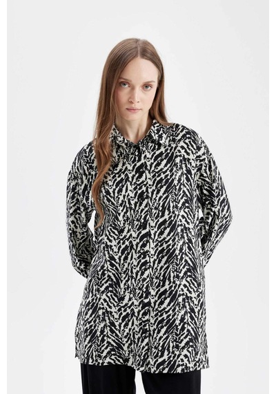 Defacto Relax Fit Gömlek Yaka Desenli Uzun Kollu Gömlek Tunik D4151AX24AUBK81 Siyah