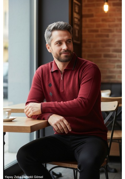 Kamalı Erkek Bordo Tüylenme Yapmayan Standart Fit Normal Kesim Nakış Desen Polo Yaka Triko Kazak Kamalı Erkek Bordo Tüylenme Yapmayan Standart Fit Normal Kesim Nakış Desen Polo Yaka Triko Kazak