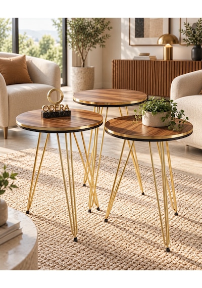 Odera Çift Ceviz Yuvarlak Zigon Sehpa 3'lü Set Metal Tel Ayaklı Modern Retro Salon Sehpası Diğer
