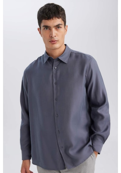 DeFacto Relax Fit Polo Yaka Twill Modal Karışımlı Basic Düz Uzun Kollu Gömlek D3376AX24AUAR174 Antrasit