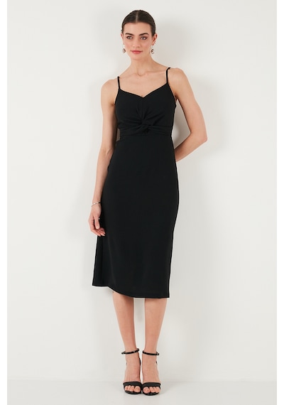 Lela Büzgü Detaylı Regular Fit V Yaka Midi Boy Bayan Elbise 6788886 Siyah