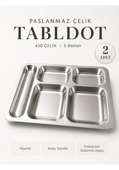 430 Çelik 5 Gözlü Tabldot Tabak Paslanmaz Çelik Self Servis  Fabrika Okul Ev Hastane Kırılmaz Metal Servis Tabağı 2 Adet