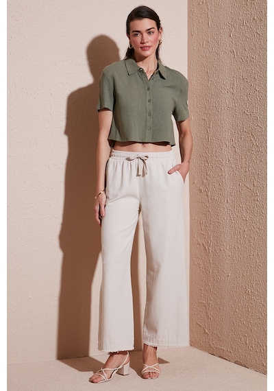 Lela Pamuklu Relaxed Fit Yüksek Bel Geniş Paça Bayan Pantolon 668Yp5275 Taş