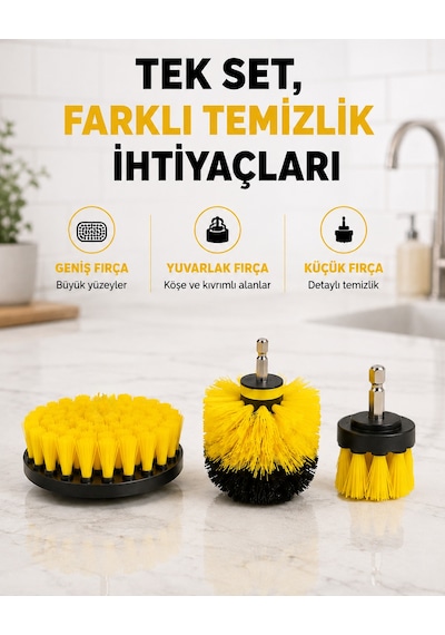 3 Lü Matkap Temizlik Fırçası Seti Banyo, Mutfak Ve Araç Jantı İçin Etkili Yeni Nesil - Lisinya