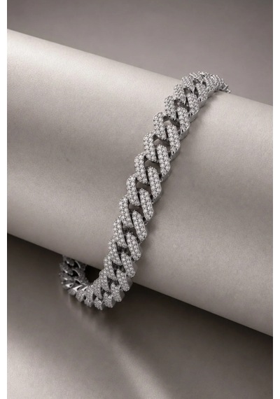 Erkek Taşlı Cuban Chain Bileklik Ve Kolye Set Zirkon Taşlı Hip Hop Rapçi Stil Paslanmaz Çelik Bileklik Kolye Gri