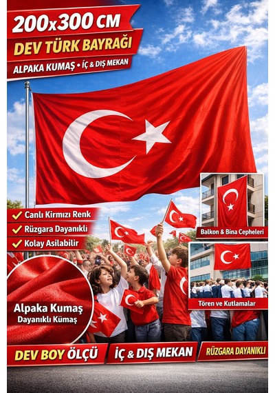 200x300 Cm Büyük Boy Alpaka Türk Bayrağı Dayanıklı, Canlı Renkli, Dev Boy Bayrak Tek Ebat