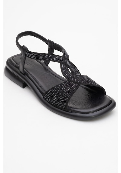 Luvishoes Luvi Shoes Aurora Siyah Hakiki Deri Taşlı Kadın Sandalet Siyah