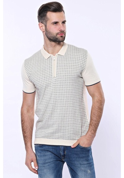 Yake Store Polo Yaka Krem Desenli Fermuarlı Örme T-shirt Wessi - Krem Beyaz