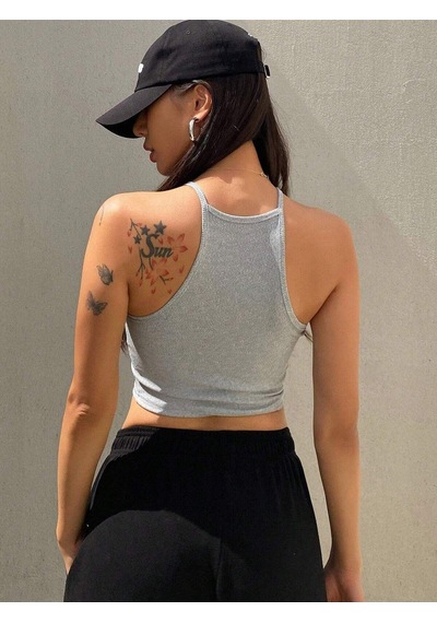 Liona Askılı Halter Yaka Yüzücü Sırtlı Gri Renk Fitilli Crop Top Bluz Gri