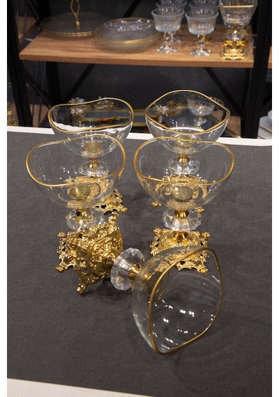 Argkristal Metal Ayaklı Vira Gold Detaylı Sütlü Tatlı Kasesi - Dondurmalık - Çerezlik 6 Lı Altın