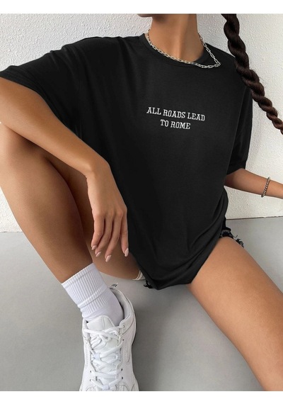 To Rome T-shirt - Siyah Baskılı Oversize Bisiklet Yaka Kısa Kol Tişört Siyah