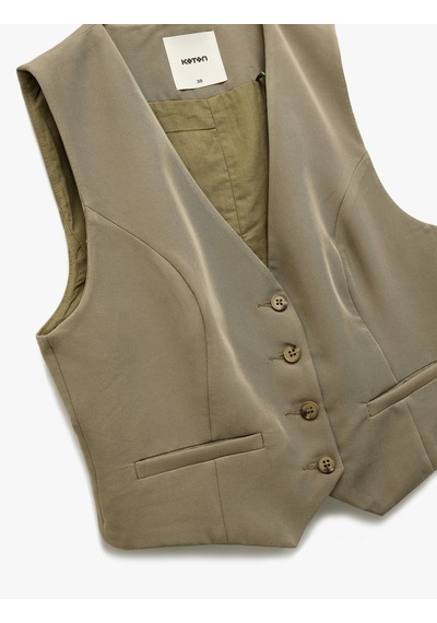 Koton Modal Karışımlı Astarlı Slim Fit V Yaka Düğmeli Blazer Yelek Haki 5sak20006pw Haki