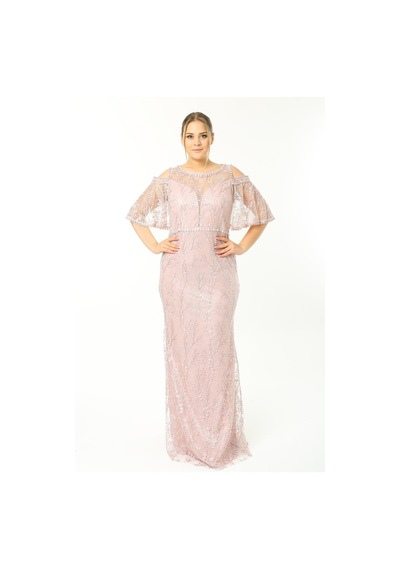 Ladies First Büyük Beden 3448 Pudra Abiye Elbise 001