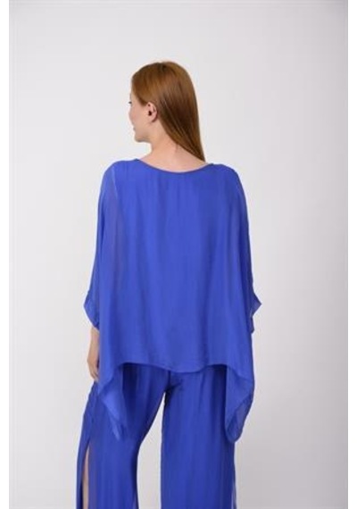 Bohem Stil İtalyan Yarasa Kol İpek Bluz-8869 Saks Mavi