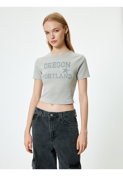Koton Crop Tişört Slogan Baskılı Bisiklet Yaka Kısa Kollu Pamuklu Gri 5wal10364ık Gri