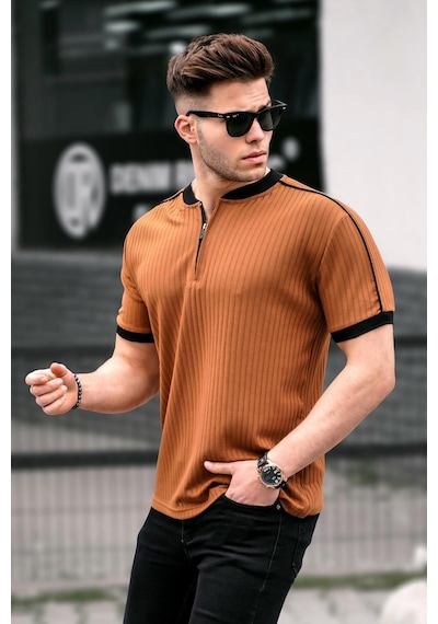 Madmext Camel Fermuar Yaka Erkek Penye Tişört Camel