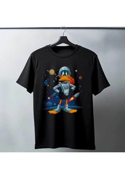 Freedom Store Duck Dodgers Uzay Baskılı Unisex Siyah Oversize Tişört - 24/1 Penye