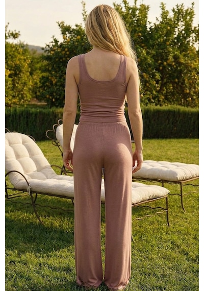 Siyah İnci Geniş Askılı Viskon Örme Pijama Takım 8012 Gül kurusu