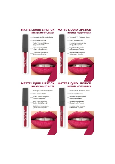 Uzun Süre Kalıcı Kadifemsi Kuruma Yapmayan Mat Likit Ruj - Matte Liquid Lipstick 515 Royal Cranberry 4 Paketi Genel