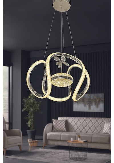 Dünya Eliza Simli Slikonlu Tek Toplu Modern Oturma Led Avizesi - Kumandalı / Krom Krom