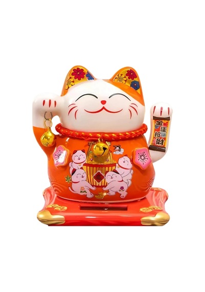 Seramik Maneki Neko Turuncu Güneş Enerjili Şans Kedisi 12cm No.4