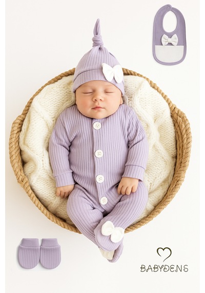 Babyden's 4 'lü Kız Bebek Fitilli Yenidoğan Bebek Tulum Seti %100 Pamuklu Hastane Çıkışı Lila