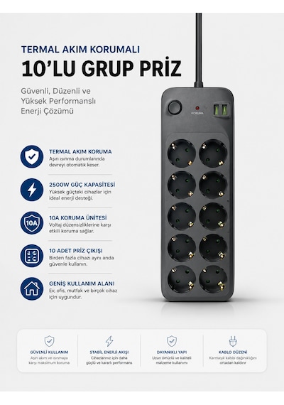 Termal Akım Korumalı Usb Type-c Girişli 10'lu Grup Priz 2500w Güç Kapasitesi Kopya - Lisinya Diğer