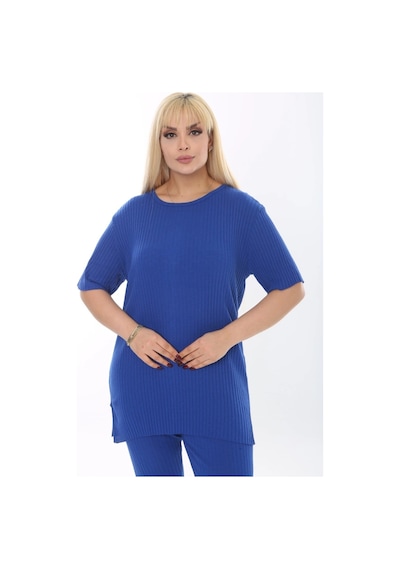 Modasehle Kadın Kısa Kollu Beli Lastikli Yırtmaçlı Rahat Kalıp İkili Pijama Takım Saks