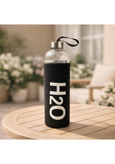 H2o Kılıflı Cam Matara - Şeffaf / Siyah - 1 Lt Çok Renkli