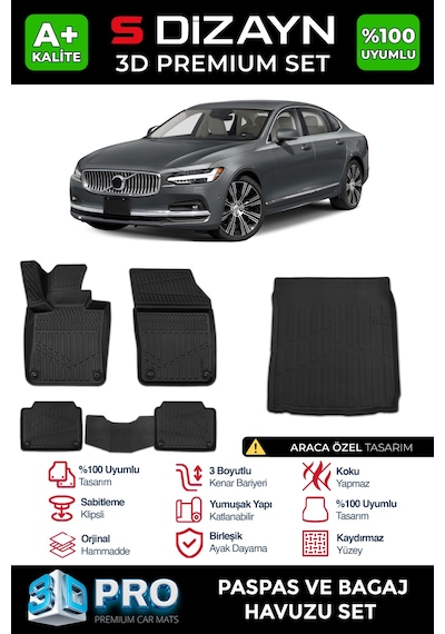 S-dizayn Volvo S90 3d Pro Paspas Ve Bagaj Havuzu Seti 2'li Set 2016 Üzeri A+ Kalite