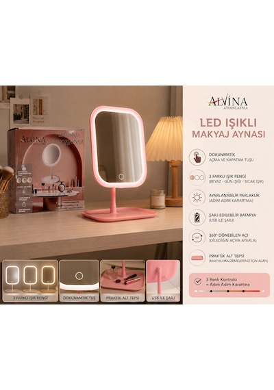 Led Işıklı Dimmerli Usb Şarjlı Dokunmatik Makyaj Aynası Pembe - 3 Renk Işık Modu 360 Döner Masaüstü Ayna Kare