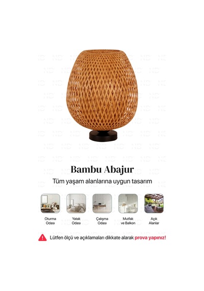 Boja Bambu Abajur, Masa Lambası 25x25x30 Cm İskandinav, Modern, Bohem, Rattan, Aydınlatma