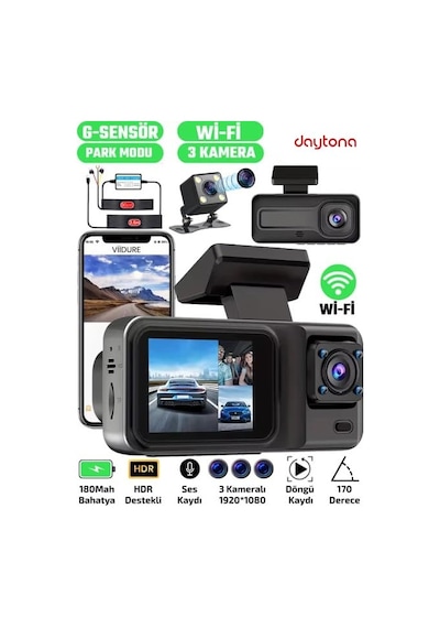 A98 Balckbox Dvr Wifi Full Hd 1080p 3 Kameralı Araç İçi Güvenlik Kamerası + Park Modu Kablosu Ön-arka-iç Kayıt, Dashcam