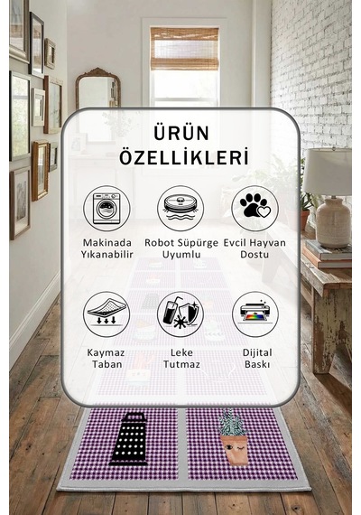 Şef Açık Gri Mor Yıkanabilir Yolluk
