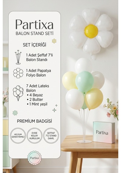 Papatya Balon Stand Seti Şeffaf 7 Li Stand + Papatya Folyo Balon + 7 Lateks Balon Beyaz-butter-mint Yeşil