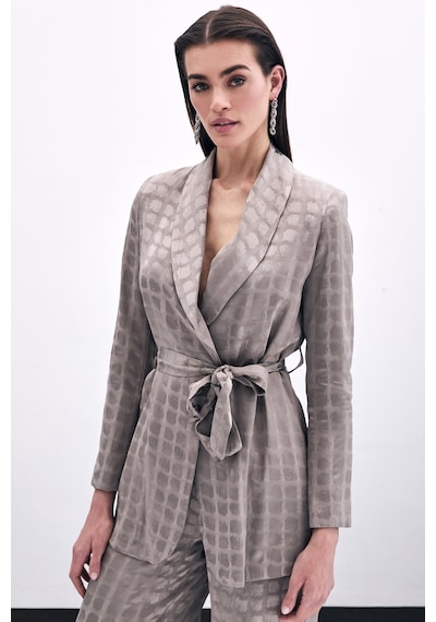 Sateen Kare Desenli Kuşaklı Ceket - Vizon-135790 Vizon