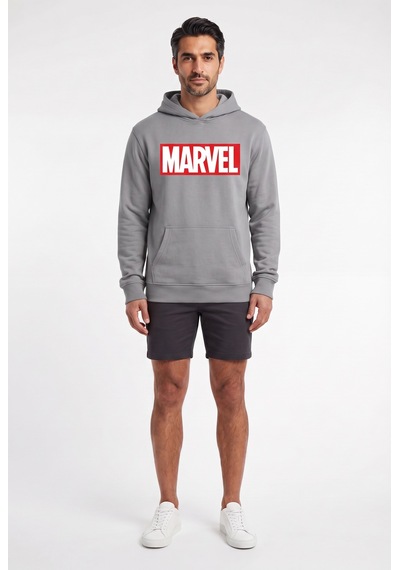 Sup Marvel Logo Baskılı Kapüşonlu Gri Erkek Sweatshirt 12076 Siyah