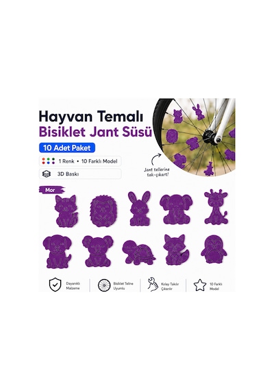Hayvan Temalı Bisiklet Jant Süsü 20 Parça 2 Renk 10 Farklı Model Mor-turuncu