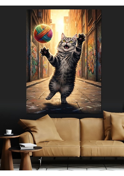 Ahşap Tablo Yumakla Oynayan Kedi Resmi