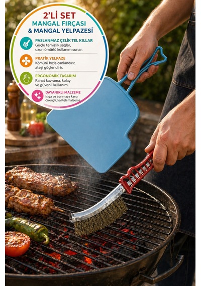 2 Li Mangal Seti Izgara Temizleme Fırçası Tel + Yelpaze Kömür Üfleme Barbekü Aksesuarı