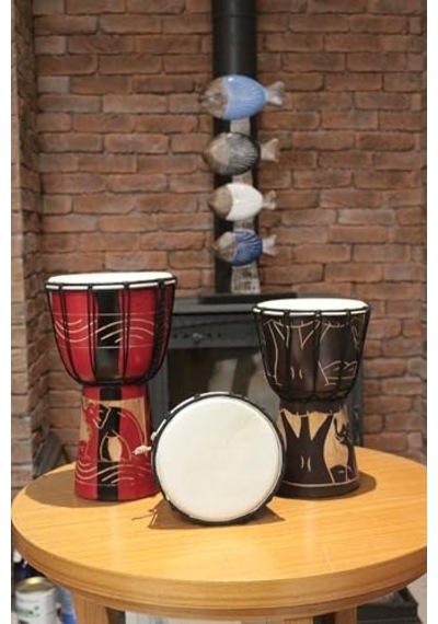 Otantik Ahşap Djembe Davul, 25 Cm, Mahoni Ağacı Ve Keçi Derisi, El Yapımı Bali Endonezya, Fil Figürlü, 14 Cm Deri Çap