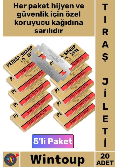 Traş Profesyonel Keskin Berber Tipi Paslanmaz Çelik Kalite Perma Sharp 5'li Tıraş Jileti 20 Paket 1 - 2 Saat
