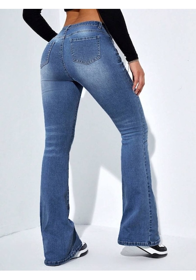 Soonaksesuar Kadın Yüksek Bel Cepli İspanyol Paçalı Kot Jeans Pantolon Mavi