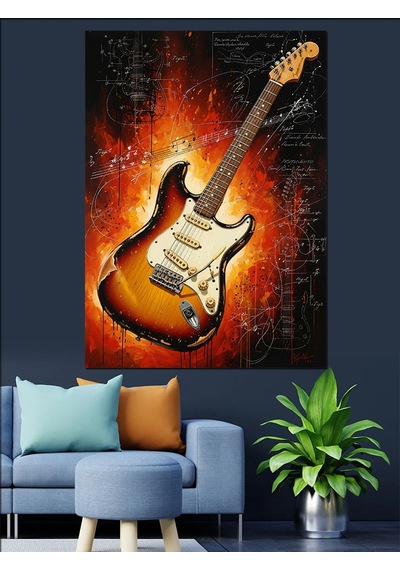 Ahşap Tablo Yanık Gitar Alevli Müzik