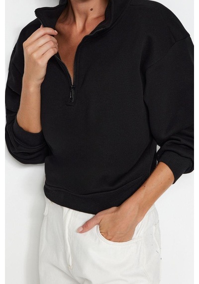 Ersefa Fitted Fermuarlı Yaka Crop Rahat Kesim Crop Basic Fermuarlı Kalın siyah
