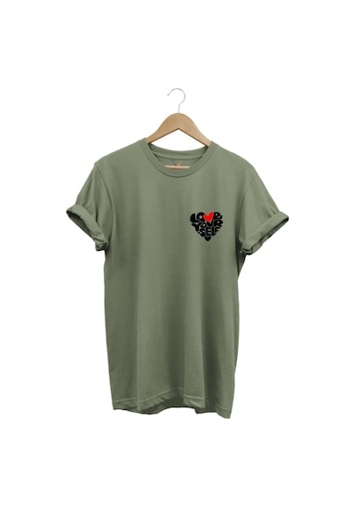 Love Yourself Kalp Tipografi Baskılı %100 Pamuk Unisex Regular Fit T-shirt Haki