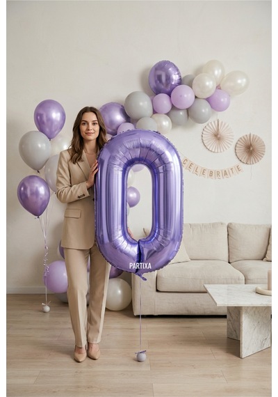 32 İnç Mor Rakam 0 Folyo Balon Çok Renkli